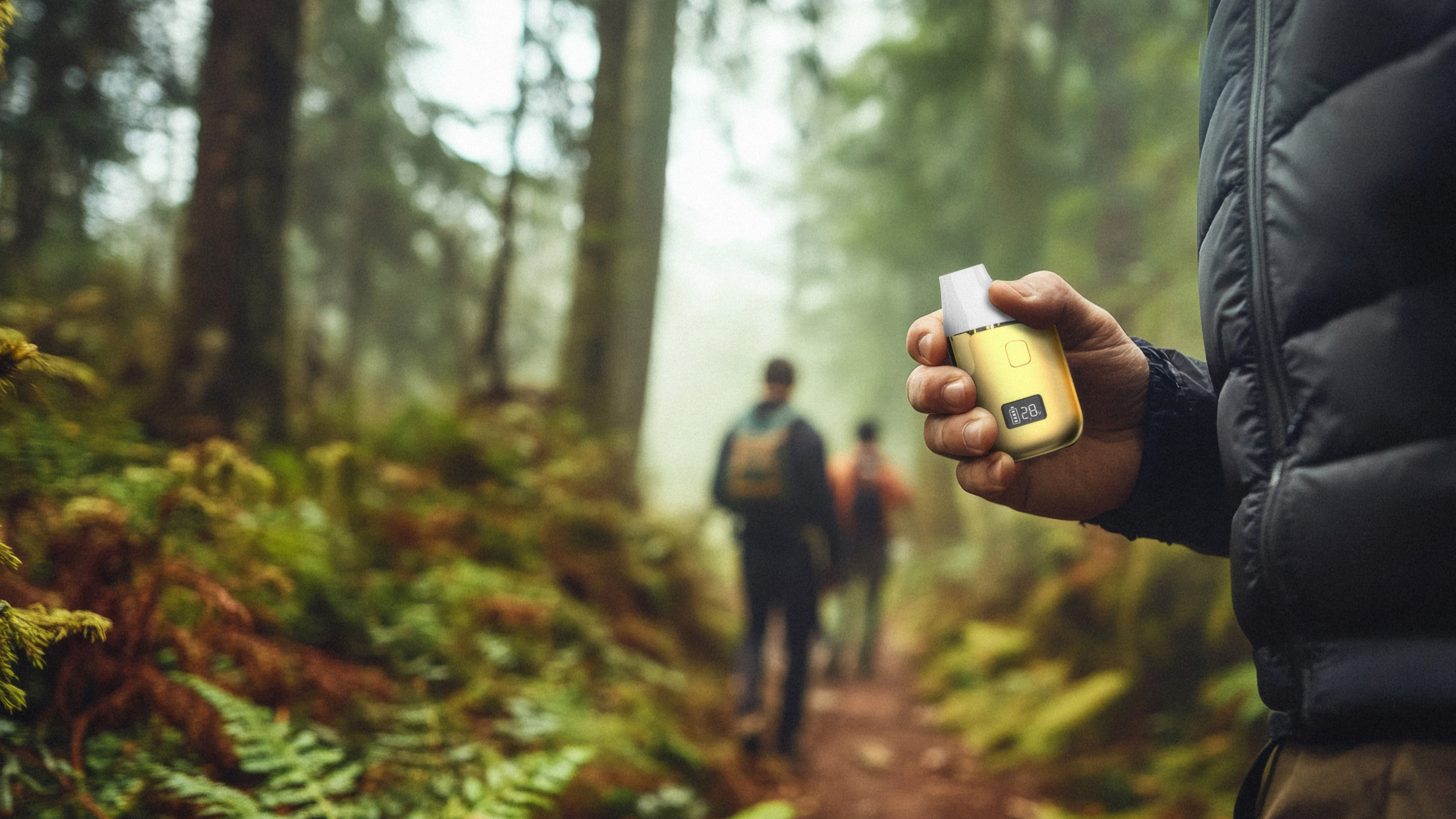 A hand holding a rechargeable vape unit in the woods.